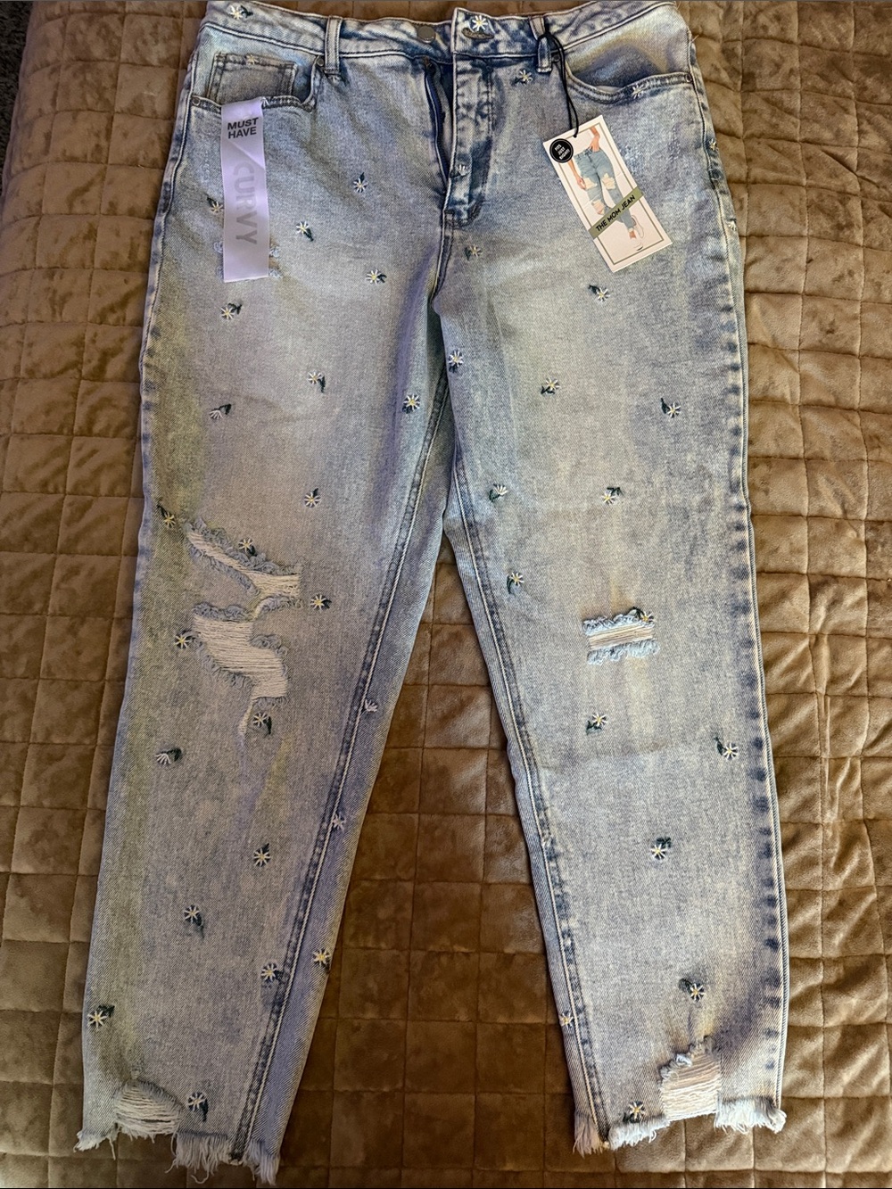 Must Have Light Blue Distressed Boyfriend Jeans with Embroidered Flowers